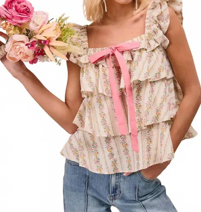 Bibi Floral Print With Bow And Ruffle Square Neck Blouse In Ivory / Pink In Neutral