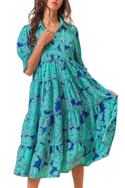 Bibi Floral Tiered Midi Dress In Blue