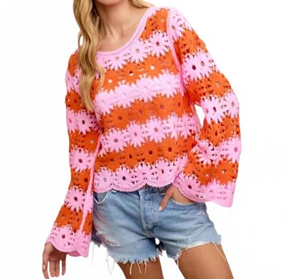 Bibi Flower Crochet Knit Top In Pink & Orange In Multi