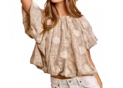 Bibi Flower Embroidered Shirred Neckline Bubble Hem Top In Taupe In Purple