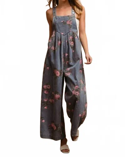 Bibi Flower Print Washed Denim Wide Leg Jumpsuit In Blue