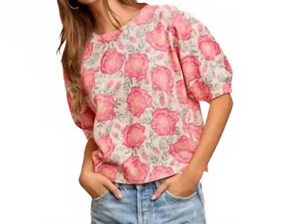 Bibi Flower Printed Puff Sleeves Knit Top In Ivory In Multi