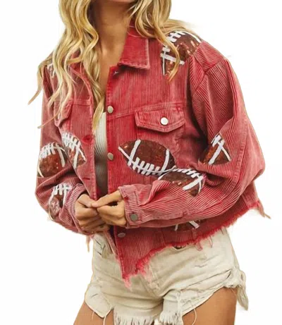 Bibi Football Sequin Embroidery Vintage Washed Corduroy Jacket In Red