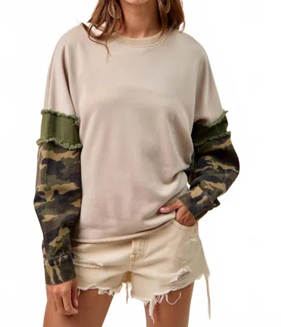 Bibi French Terry Camo Sleeve Frayed Edge Top In Taupe Camo In Multi