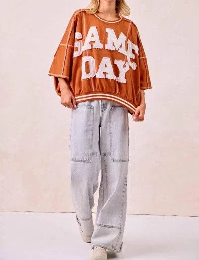 Bibi Gameday Patchwork Stitch Detail French Terry Top In Burnt Orange/white In Brown
