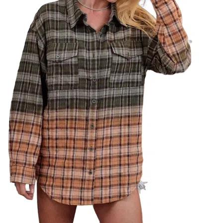 Bibi Girlfriend Button Down Long Sleeve Top In Olive Multi In Green