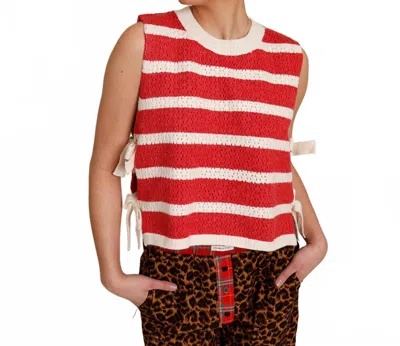 BIBI GLAMORY SIDE-TIE STRIPED SWEATER KNIT TOP IN RED
