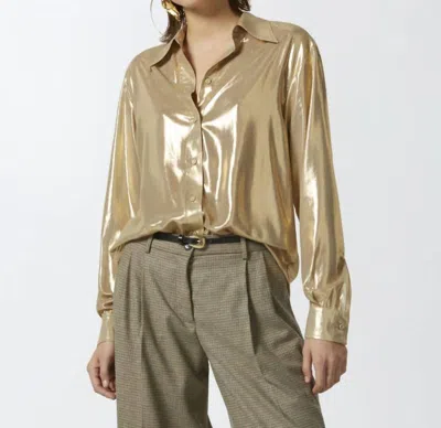 Bibi Laminated Georgette Button Up Shirt In Gold