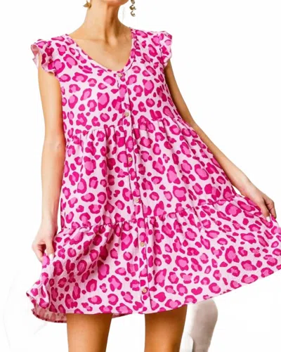 Bibi Leopard Cap Sleeve Tiered Mini Dress In Pink/fuchsia