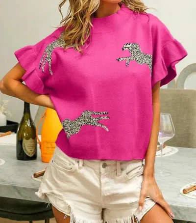 Bibi Leopard Pattern Short Sleeve Sweater Top In Fuchsia In Pink