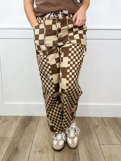 Bibi Let's Rally High-rise Cotton Wide Leg Checkered Bottoms In Brown