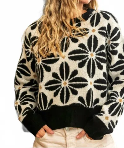 Bibi Long Sleeve Flower Sweater Top In Black/ivory In Multi