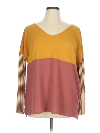 Pre-owned Bibi Long Sleeve Top Orange Color Block Pattern V-neck Tops