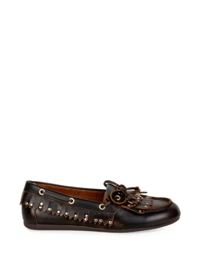 Bibi Lou Aurelie Fringed Studded Loafers In Brown