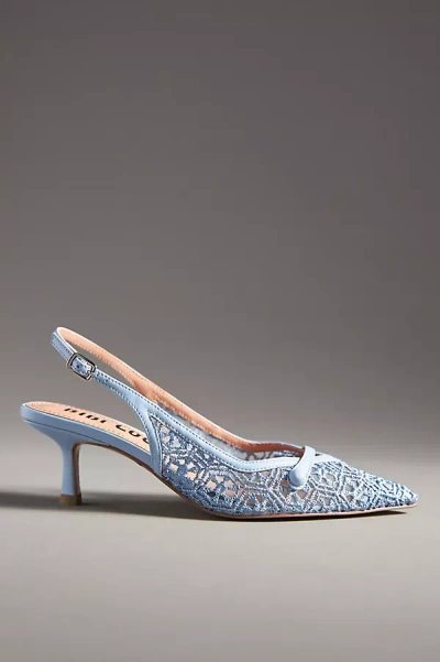 Bibi Lou Embroidered Mesh Slingback Kitten Heels In Blue