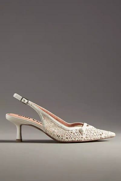 Bibi Lou Embroidered Mesh Slingback Kitten Heels In White