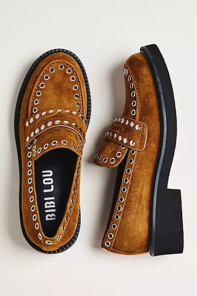 Bibi Lou Suede Studded Grommet Loafers In Brown