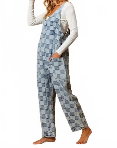 Bibi Low Rise Vintage Washed Checker Overalls In Light Wash Denim In Blue