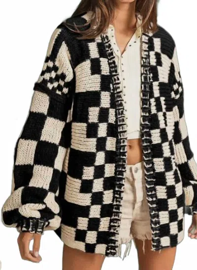 Bibi Mixed Check Loose Fit Chunky Cardigan In Black