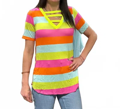 Bibi Neon Striped V-neck Tee In Multi