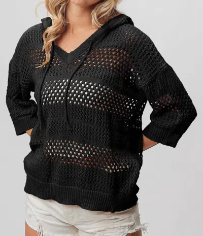 Bibi Open Knit V-neck Hooded Lightweight Cover Up In Black