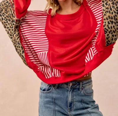 Bibi Oversized Long Sleeve Top In Red Stripe And Leopard
