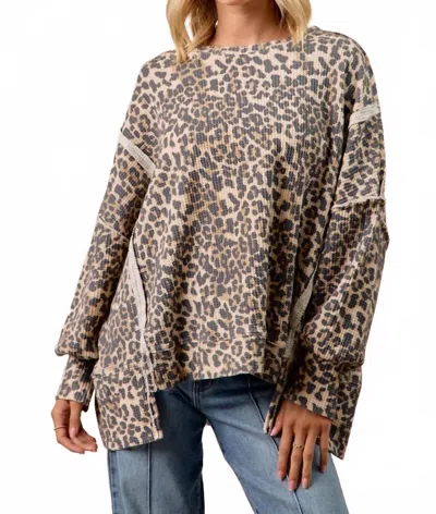 Bibi Oversized Waffle Thermal Sweatshirt In Leopard In Green