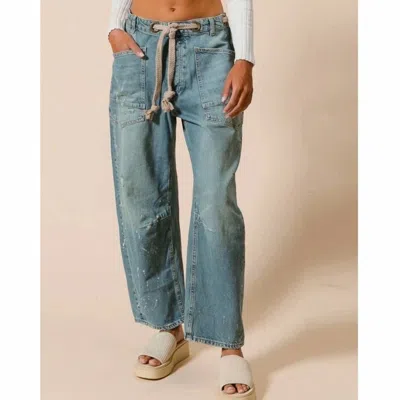 Bibi Paint Splatter Button Fly Denim Pants With Braided Belt Detail In Blue