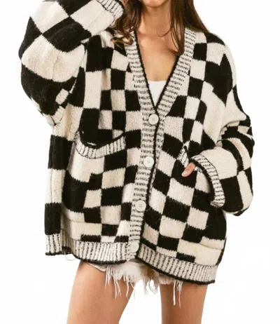 Bibi Patch Pockets Checkered Sweater Cardigan In Black In Multi