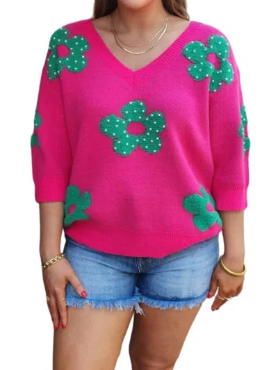 Bibi Pearl Beads Flowers Sweater Top - Plus In Fuchsia/jade In Multi