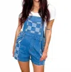 Bibi Pin-up Pit Stop Cotton Blend Romper In Medium Wash Denim In Multi