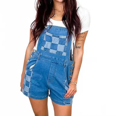 Bibi Pin-up Pit Stop Cotton Blend Romper In Medium Wash Denim In Blue
