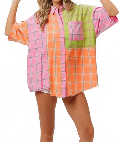 Bibi Plaid Collared Neck Half Sleeve Shirt In Pink/peach/lime In Multi