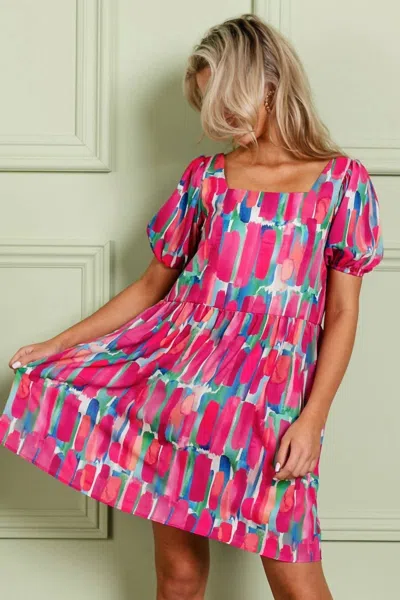 Bibi Printed Balloon Sleeve Dress In Fuchsia/cobalt In Multi