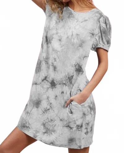 Bibi Puff Sleeve With Side Pockets Tie Dye Dress In Light Grey In Green
