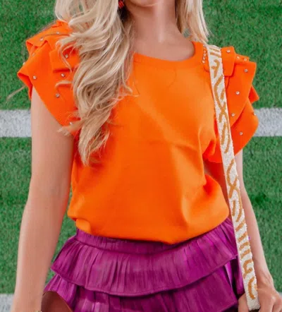 Bibi Rhinestone Ruffled Rib Knit Top In Orange