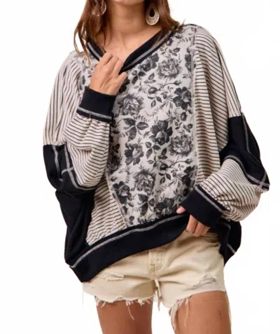 Bibi Rose Twill And Stripe Mix And Match Top In Grey/black In Multi