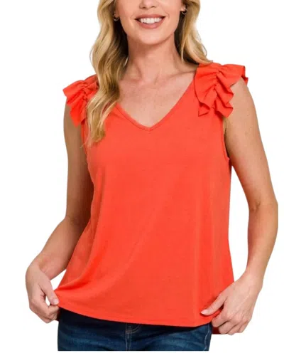 Bibi Ruffle Shoulder Tank In Orange In Red