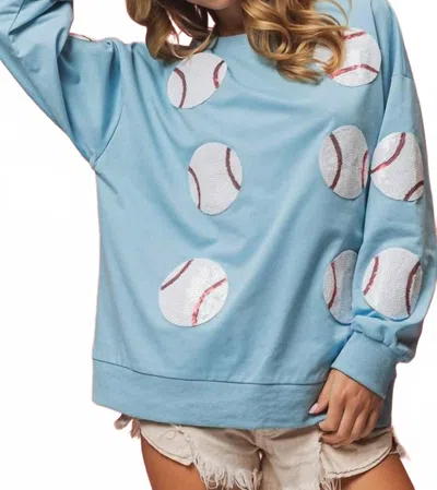 Bibi Sequin Baseball French Terry Pullover In Denim In Blue