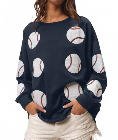 Bibi Sequin Baseball French Terry Pullover In Navy In Blue