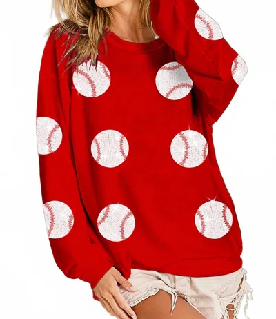 Bibi Sequin Baseball Patches French Terry Pullover Top In Red