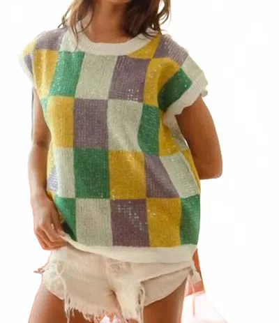 Bibi Sequin Mardi Gras Colors Checker Sweater Top In White In Multi