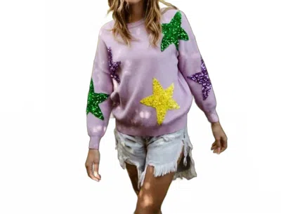 Bibi Sequin Velvet Star Patches Mardi Gras Sweater In Lavender In Purple