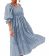Bibi Sheered Swiss Dot Tiered Dress In Vintage Denim In Blue