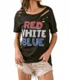 Bibi Slub Lazer Cut Red White Blue Lettering Tee In Black