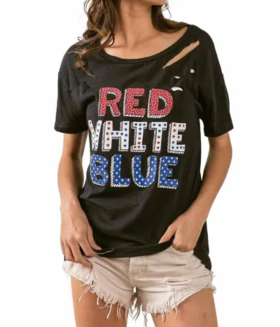 Bibi Slub Lazer Cut Red White Blue Lettering Tee In Black