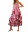 Bibi Smocked Body Off Shoulder Check Dress In Red/ivory In Burgundy