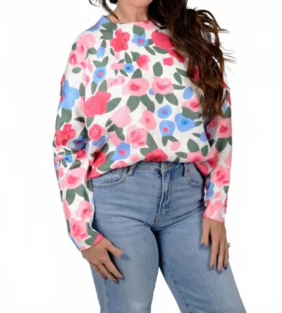 Bibi Spring Awakening Floral Sweater In White/ Pink In Multi