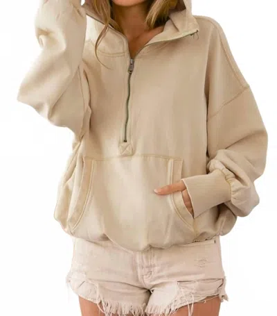 Bibi Stitch Detailed Elastic Hem Half Zip Hoodie In Oatmeal In White