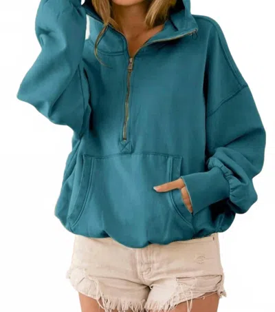 Bibi Stitch Detailed Elastic Hem Half Zip Hoodie In Vintage Teal In Blue